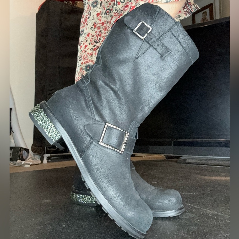 Jimmy Choo biker rugged suede black boots with crystal heel